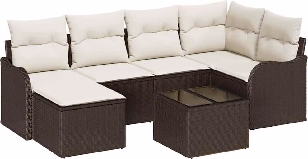 Set Divano da Giardino 7 pcs Marrone e bianco Poly Rattan