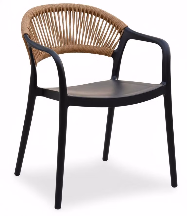 Sedia in plastica, schienale semiaperto intrecciato, colore nero e bianco