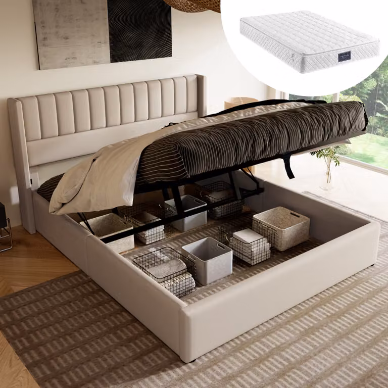 Letto imbottito Sweiko, letto matrimoniale idraulico, letto in legno massiccio con testiera e rete a doghe, letto contenitore, biancheria da letto, beige, 160x200 cm (senza materasso)