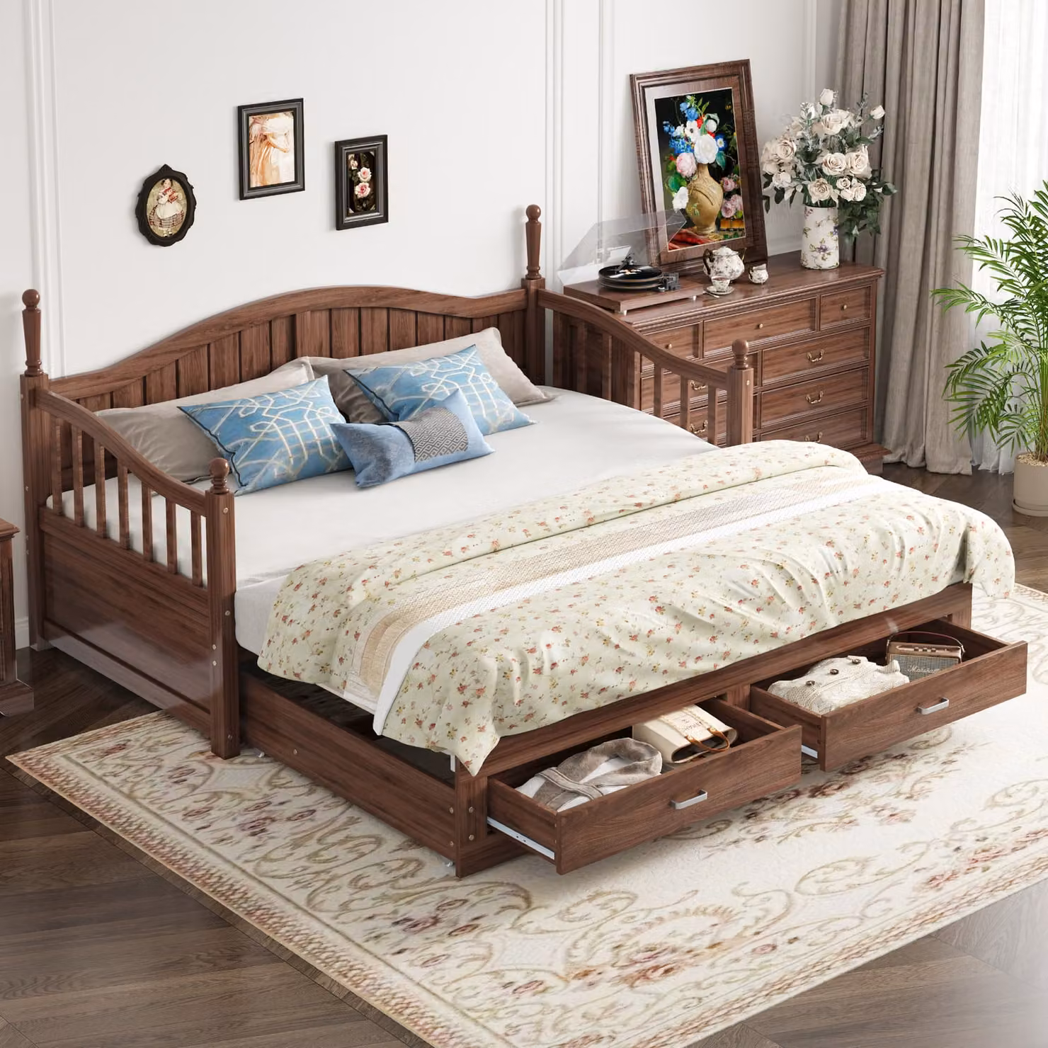 Divano letto MODFU 90/180×190 cm, letto per bambini e ragazzi con letto estraibile, letto matrimoniale multifunzionale con numerosi vani portaoggetti e presa di ricarica, senza materasso, noce