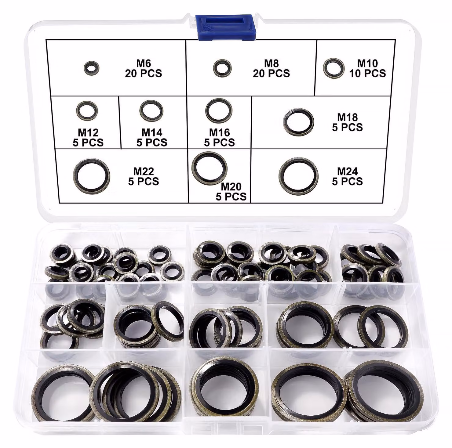 Set di 85 anelli di tenuta in gomma, disponibili in 10 diverse misure: M6, M8, M10, M12, M14, M16, M18, M20, M22, M24