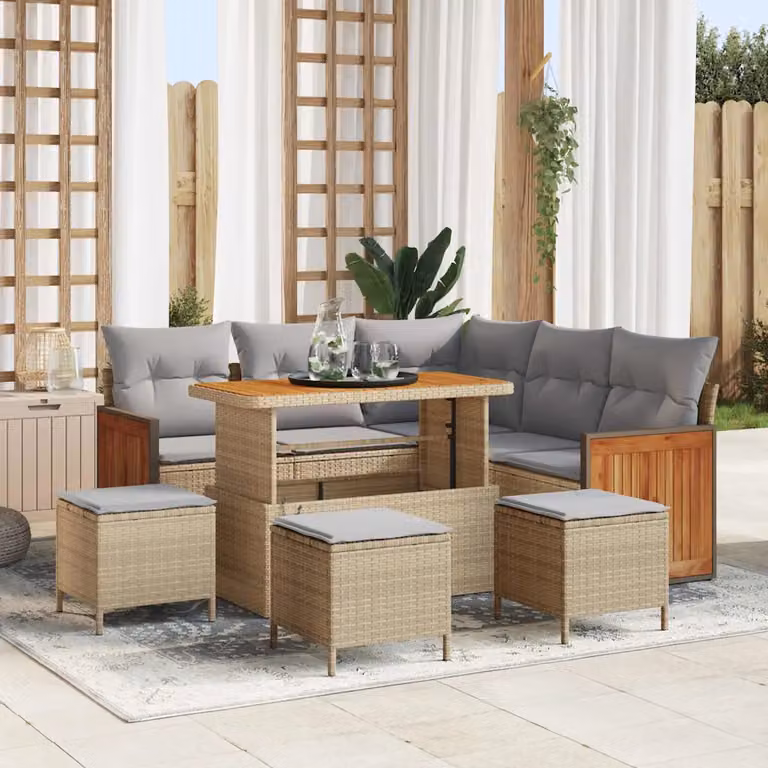 Set Divano da Giardino vidaXL 9 Pezzi a Forma di L con Tavolino e Pouf, Colore Beige e Grigio, Struttura in Metallo e Polyrattan con Cuscini Inclusi