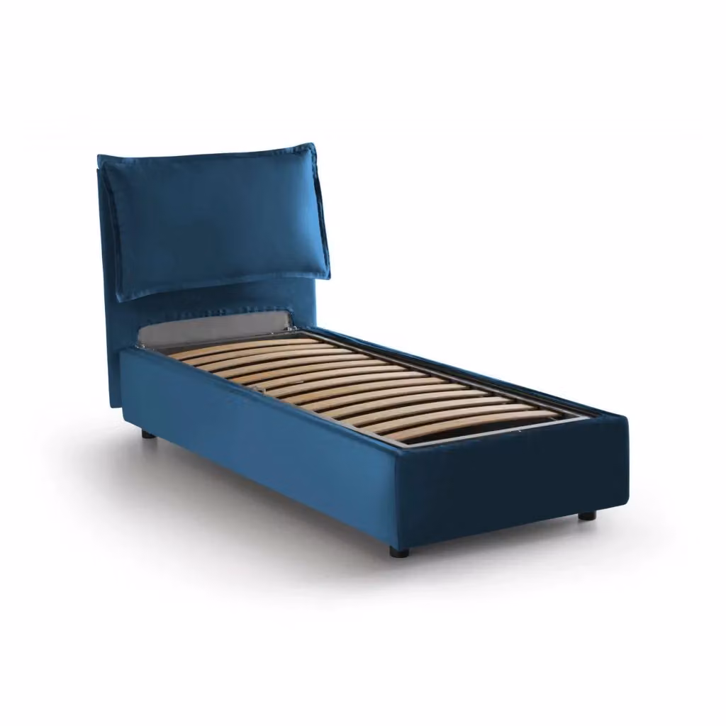 Letto singolo contenitore Talamo Italia con rivestimento in tessuto blu, apertura frontale, adatto per materasso 80x200 cm – 2