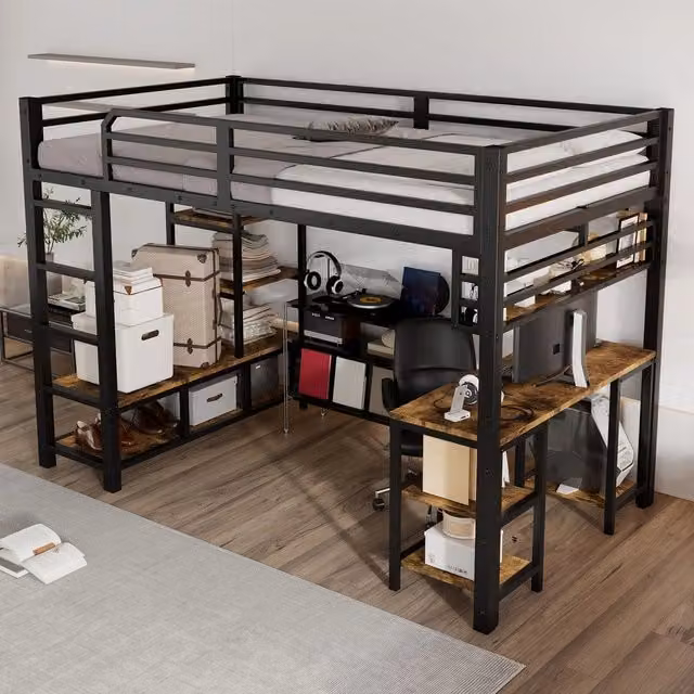 Letto a Soppalco con Scrivania ¨C MINIMAL ¨C Metallo e Legno, Nero, 120x200