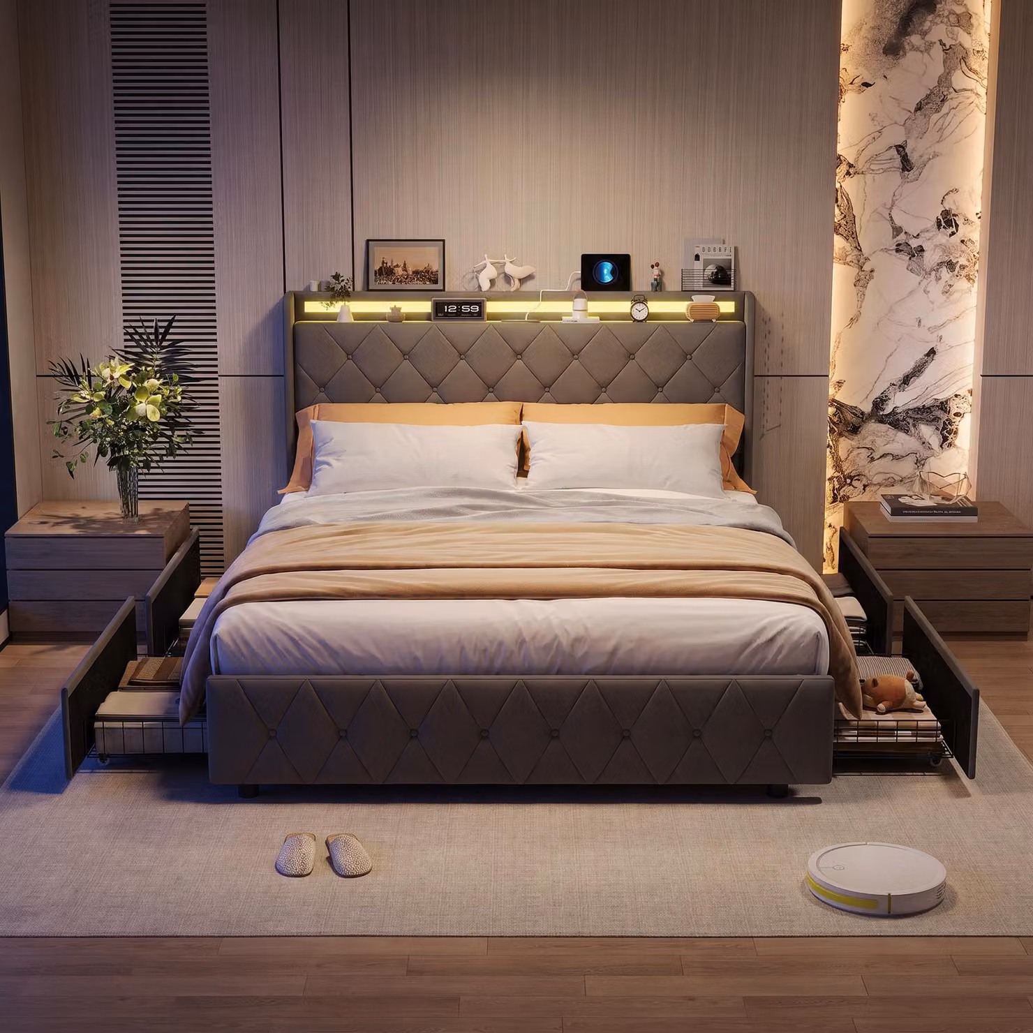 Letto imbottito INONEFT 140x200 cm con LED e USB, letto con 4 cassetti, struttura letto matrimoniale con rete a doghe, letto contenitore per ragazzi, in velluto, colore grigio