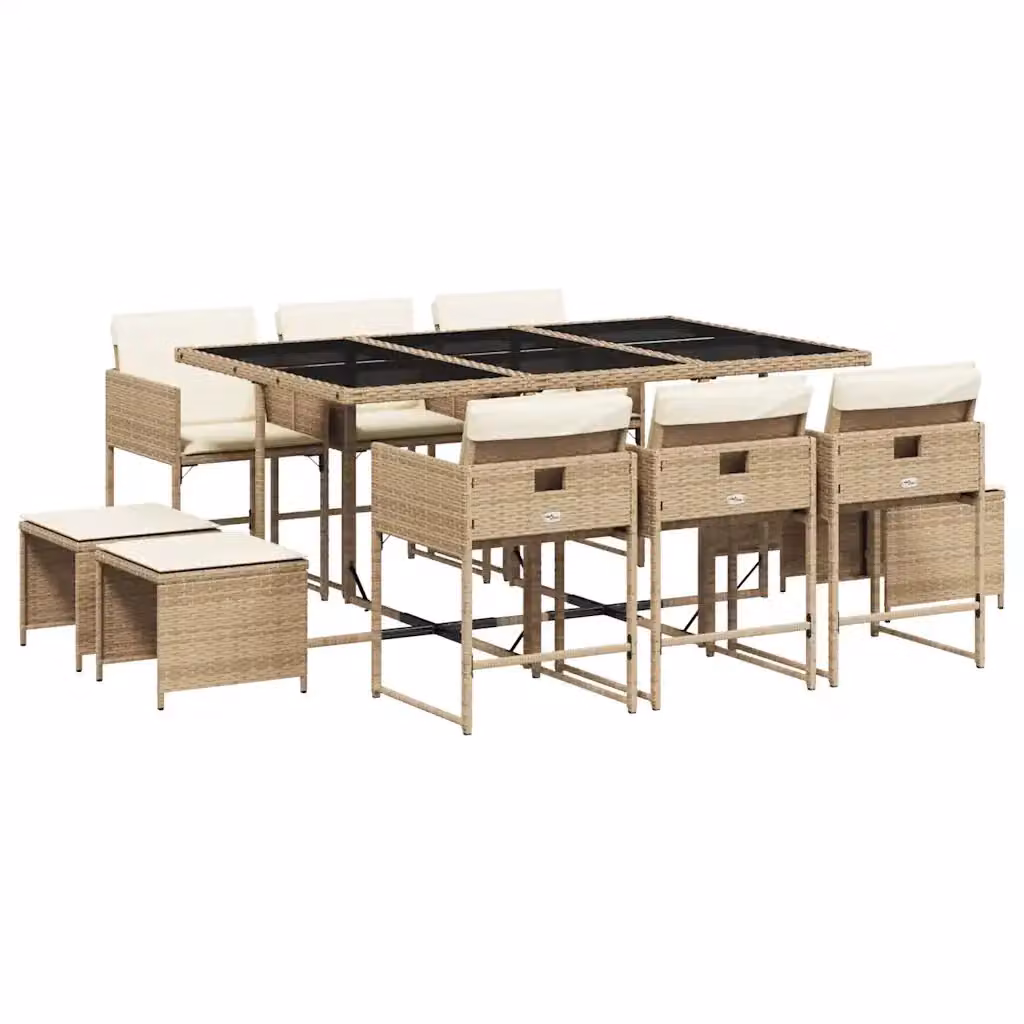 vidaXL Set da Pranzo da Giardino 11 pz in Polyrattan con Cuscini Beige e Piano in Vetro – 2