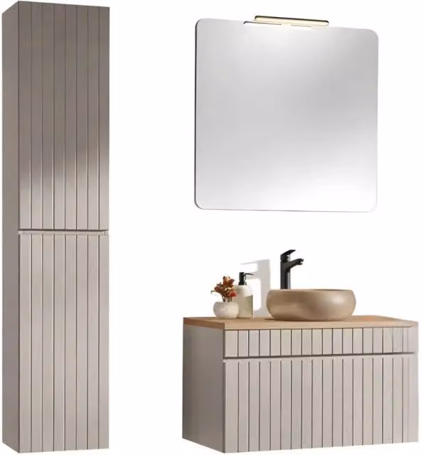 Set ICON: mobile sotto lavabo 80cm + piano per lavabo + lavabo rotondo da appoggio + specchio + lampada LED + colonna