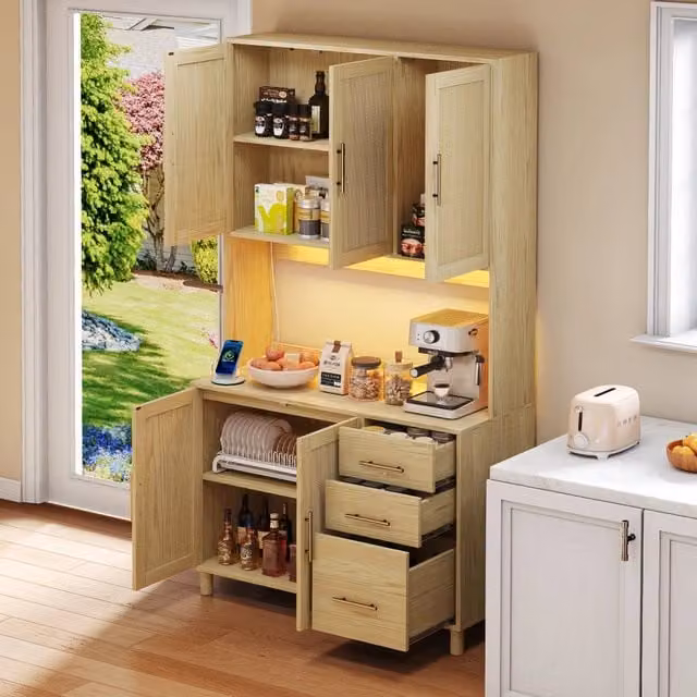 Credenza da cucina con LED controllabili tramite app; prese e USB; 3 cassetti; ripiani regolabili; MDF naturale