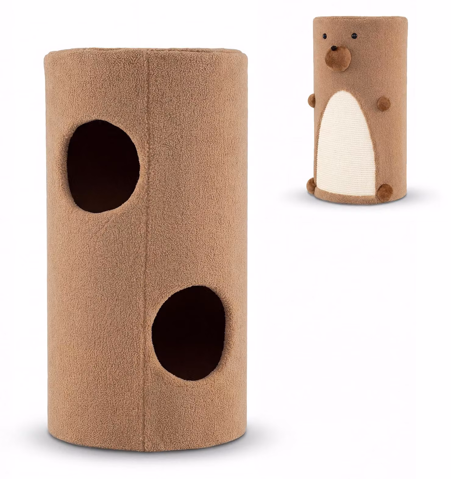 COSTWAY Tiragraffi a forma di cilindro, Ø 35 cm, altezza 66 cm, tiragraffi con tappetino in sisal, 2 cucce, lettino, tiragraffi, albero tiragraffi per gatti fino a 15 kg, marrone