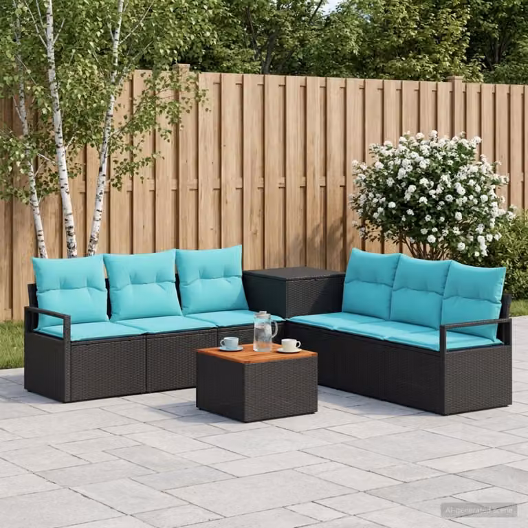 Set di divani da giardino vidaXL a forma di U composto da 8 pezzi con tavolino da caffè, in rattan e acciaio verniciato, colore nero e blu