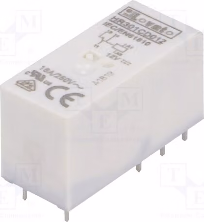 1 relè: elettromagnetico, 16A/250VAC. Bobina: 12VDC, 16A. Modello: HR301C2. Relè elettromagnetico