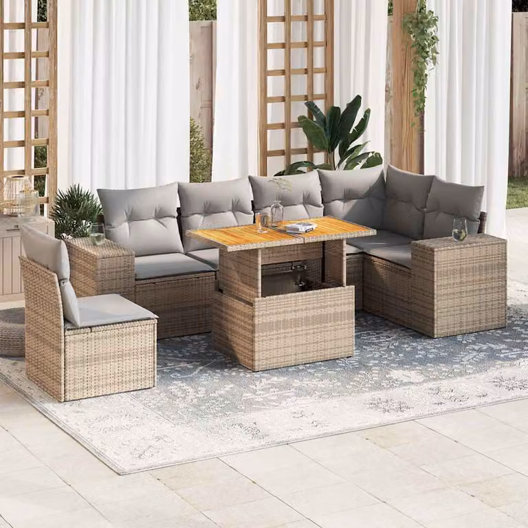 Set di divani da giardino vidaXL in polyrattan e legno di acacia oliato con 7 pezzi e cuscini beige e grigi