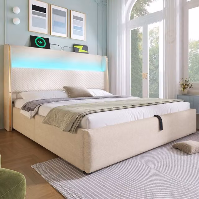 Letto contenitore matrimoniale 180×200 cm con testiera alta, LED, USB e Type-C, materasso incluso, lino beige