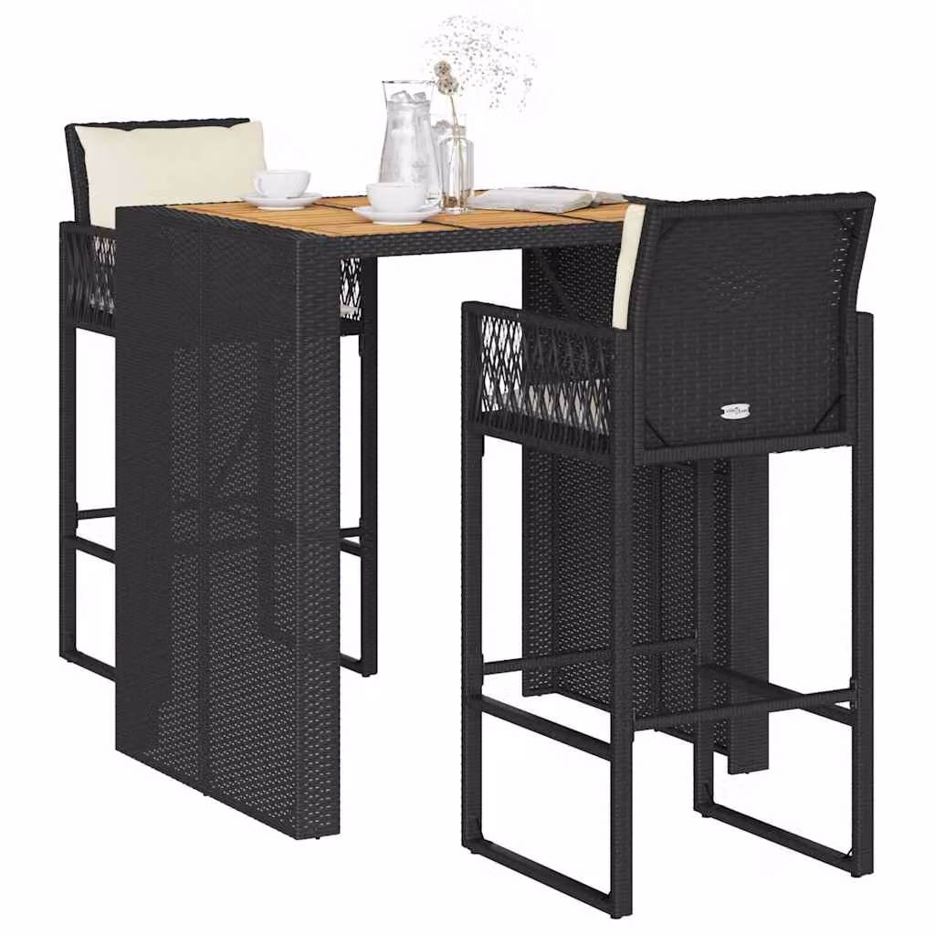 Set Bar da Giardino vidaXL in Polyrattan e Legno di Acacia con 3 Cuscini, Colore Nero e Bianco