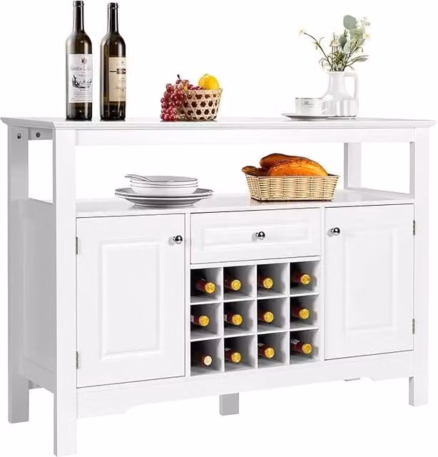 Costway Credenza Moderna per Cucina e Sala da Pranimento con Porta Bottiglie a Forma Incrociata, Mensola Aperta, 2 Armadietti e Cassetto, L: 117 cm, P: 40,5 cm, H: 82,5 cm, Bianco – 1