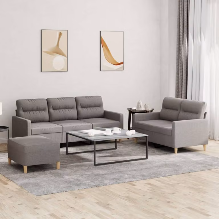 Set di divani 3 pezzi vidaXL in tessuto beige e grigio con pouf e cuscini per soggiorno
