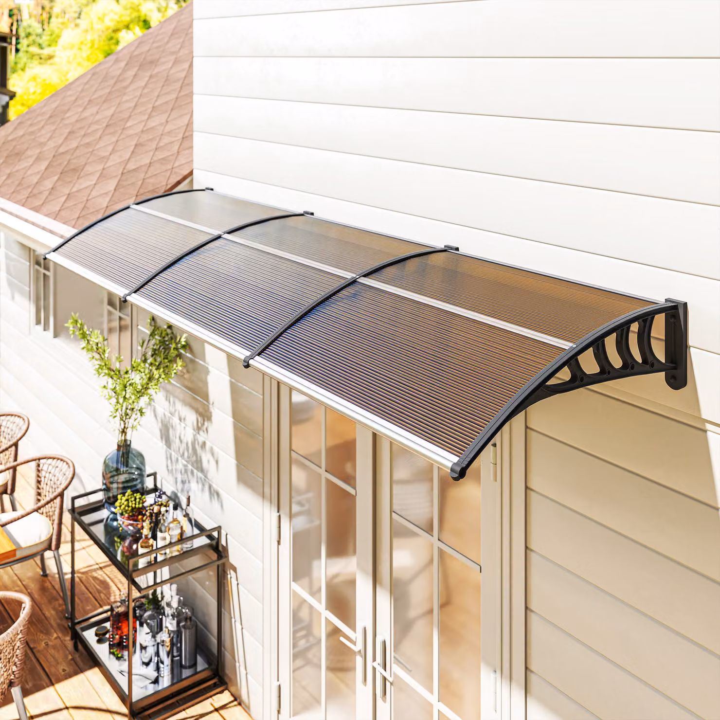 Pensilina da esterno Outsunny per finestre e porte in policarbonato e alluminio, Marrone, L 300 x P 100 x H 26 cm – 2
