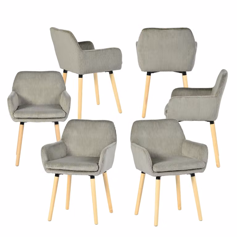 Meubles Cosy - Set da 6 sedie da pranzo in stile scandinavo con gambe in legno e braccioli in velluto a coste grigio – ELIA