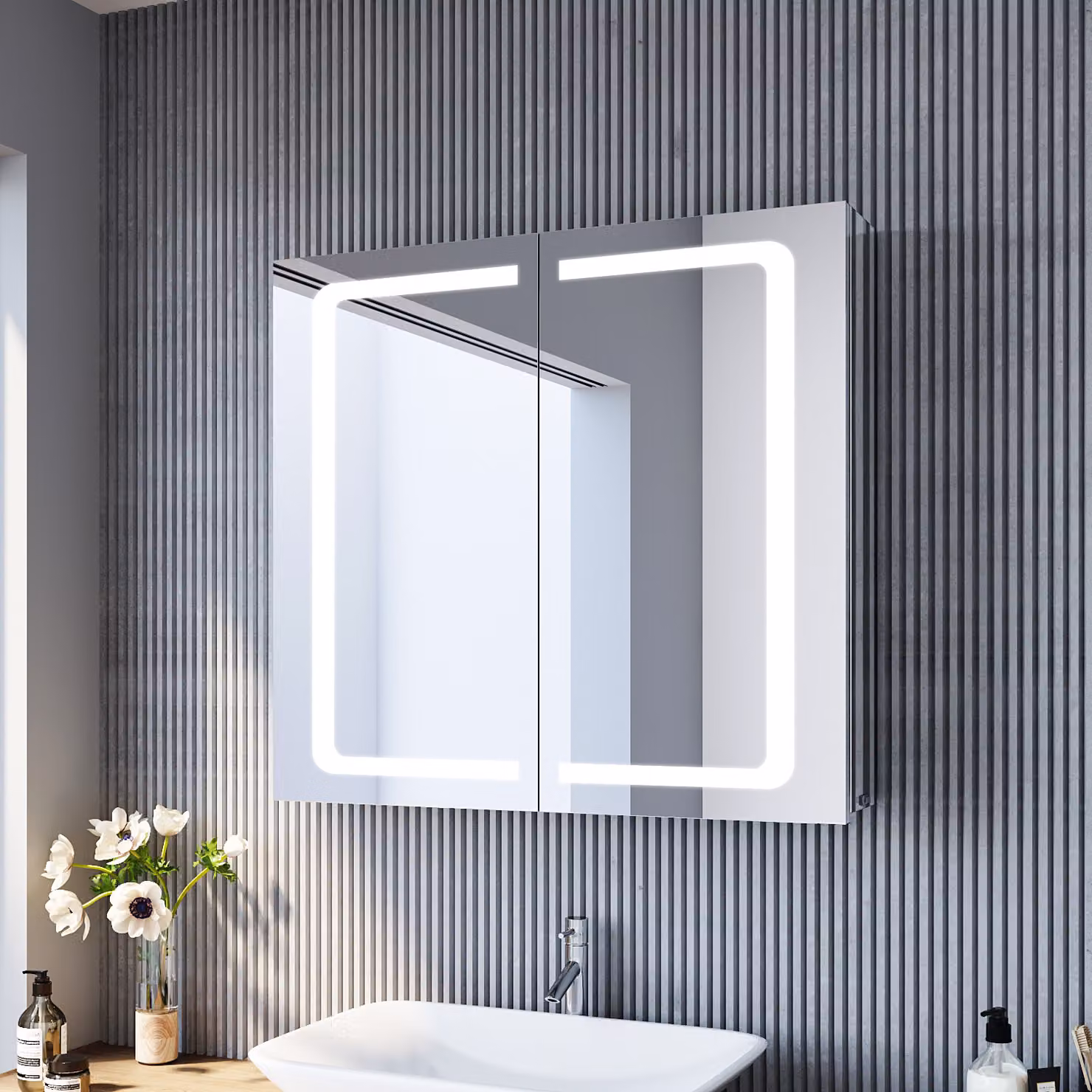 SONNI armadietti a specchio con ante a battente in acciaio inox LED 70x65x13cm con interruttore a levetta e presa per rasoio