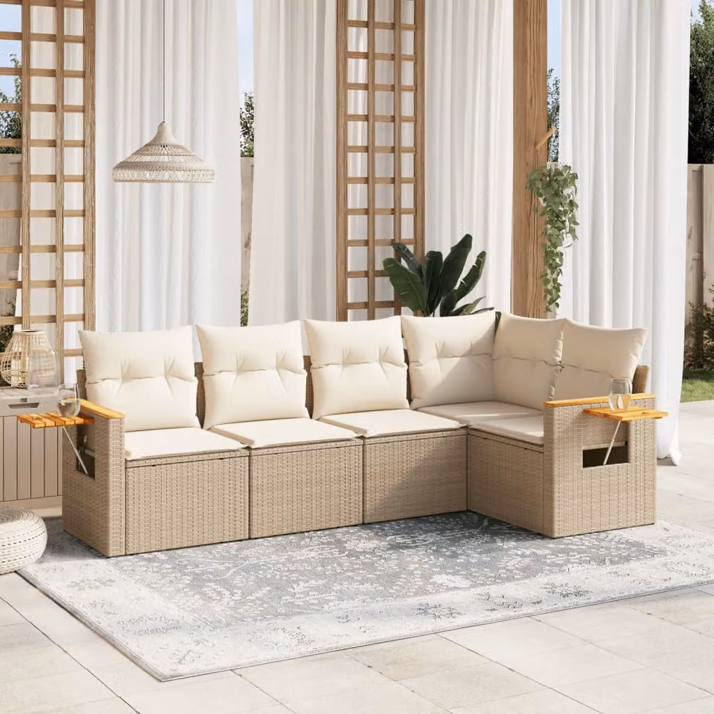 vidaXL Set Divano da Giardino a L in Polyrattan con Cuscini Beige e Tavolino da Esterno 5 pz – 1