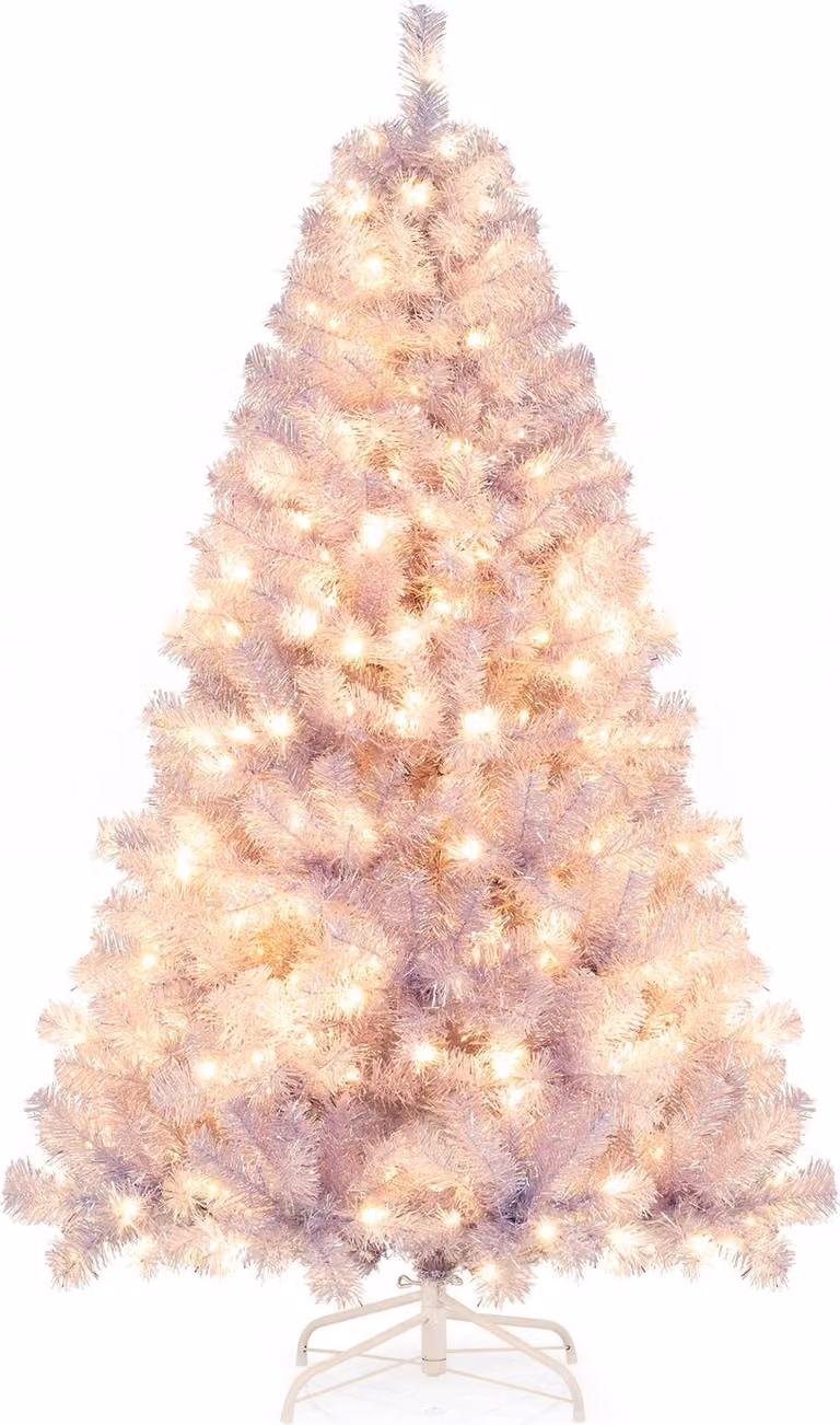 COSTWAY 180cm albero di Natale artificiale con LED bianco caldo, 8 modalità e supporto in metallo, abete, albero di Natale, albero di Natale artificiale viola