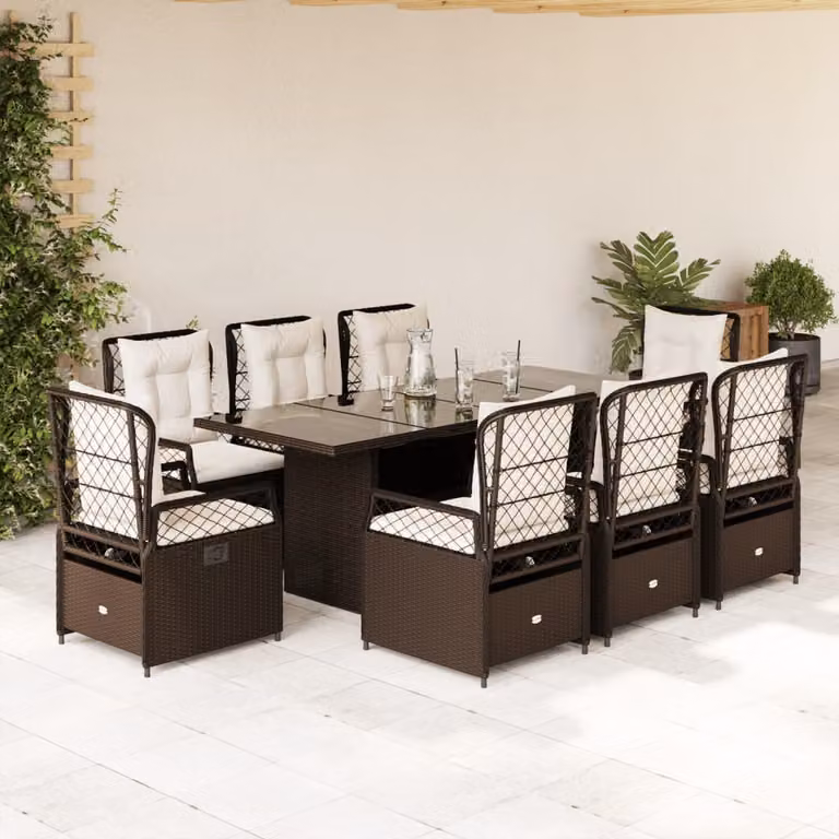 Set da Pranzo da Giardino vidaXL in Polyrattan Marrone e Bianco con 9 Pezzi e Cuscini