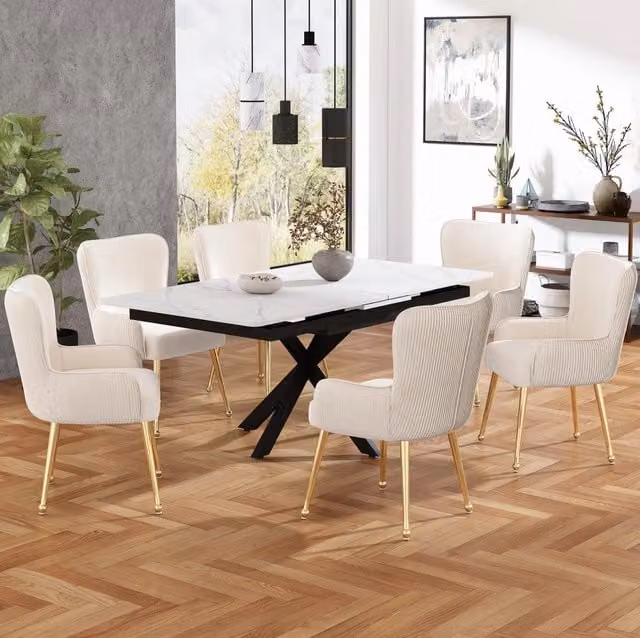 Set di 4 sedie imbottite con braccioli e supporto lombare in velluto beige