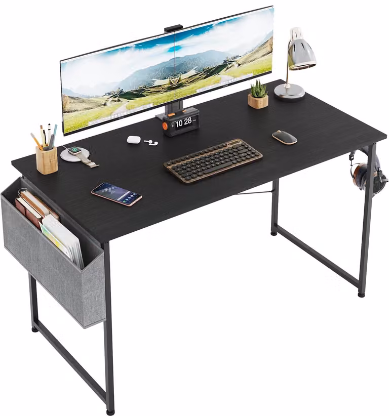 Scrivania per computer con supporto per cuffie e borsa portaoggetti, dimensioni 120 x 60 x 75 cm, ideale per ufficio e casa
