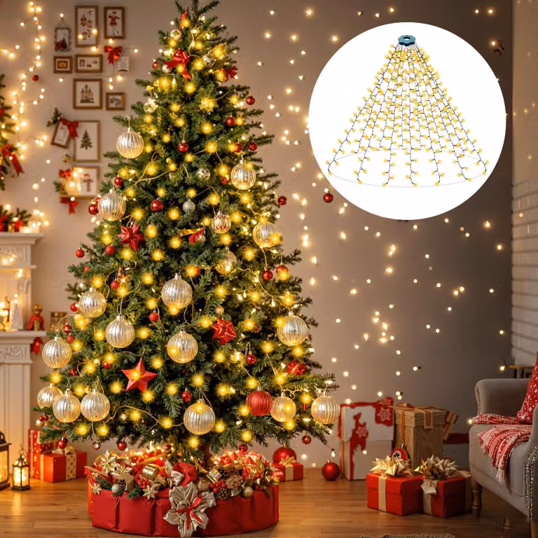 Catena luminosa per albero di Natale, 400 LED, 2 metri x 16 fili, luce bianco caldo, grado di protezione IP44