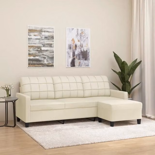 Divano a 3 posti con poggiapiedi vidaXL in similpelle beige con pouf coordinato per il tuo soggiorno