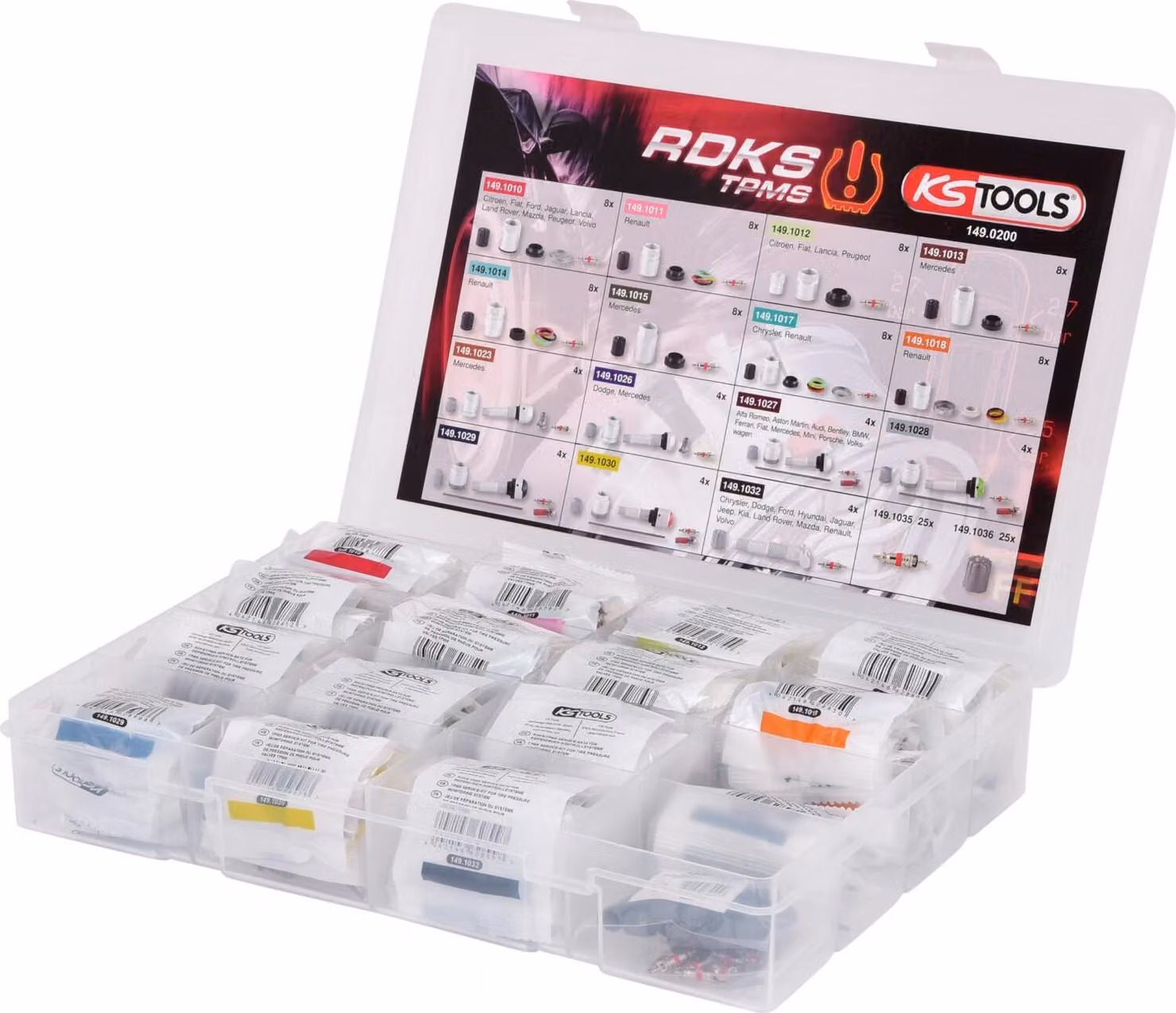 KS TOOLS Set di manutenzione TPMS / TPKS per sistemi di monitoraggio della pressione degli pneumatici 142 pezzi - 149.0200