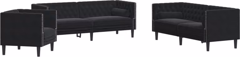 Set Divani Chesterfield 3pz con Cuscini Nero Velluto