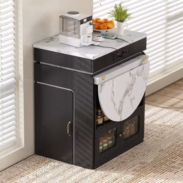 Tavolo allungabile MIVRAY per cucina e sala da pranzo in MDF e vetro nero con cassetti, illuminazione LED e ricarica USB Type-C, L: 55-194 cm, P: 80 cm, H: 95.5 cm