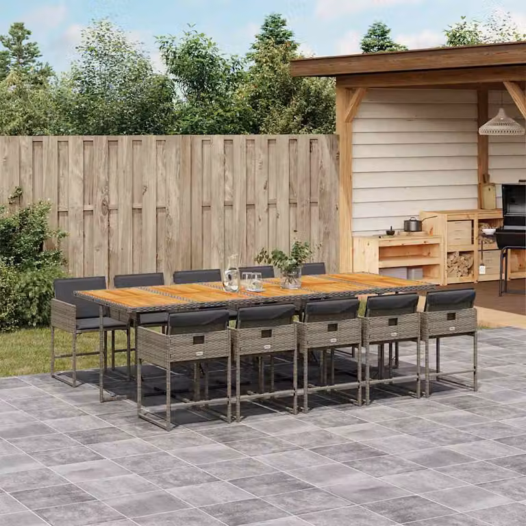 vidaXL Set da Pranzo da Giardino Moderno in Polyrattan e Legno di Acacia con 11 Pezzi e Cuscini, Grigio e Marrone