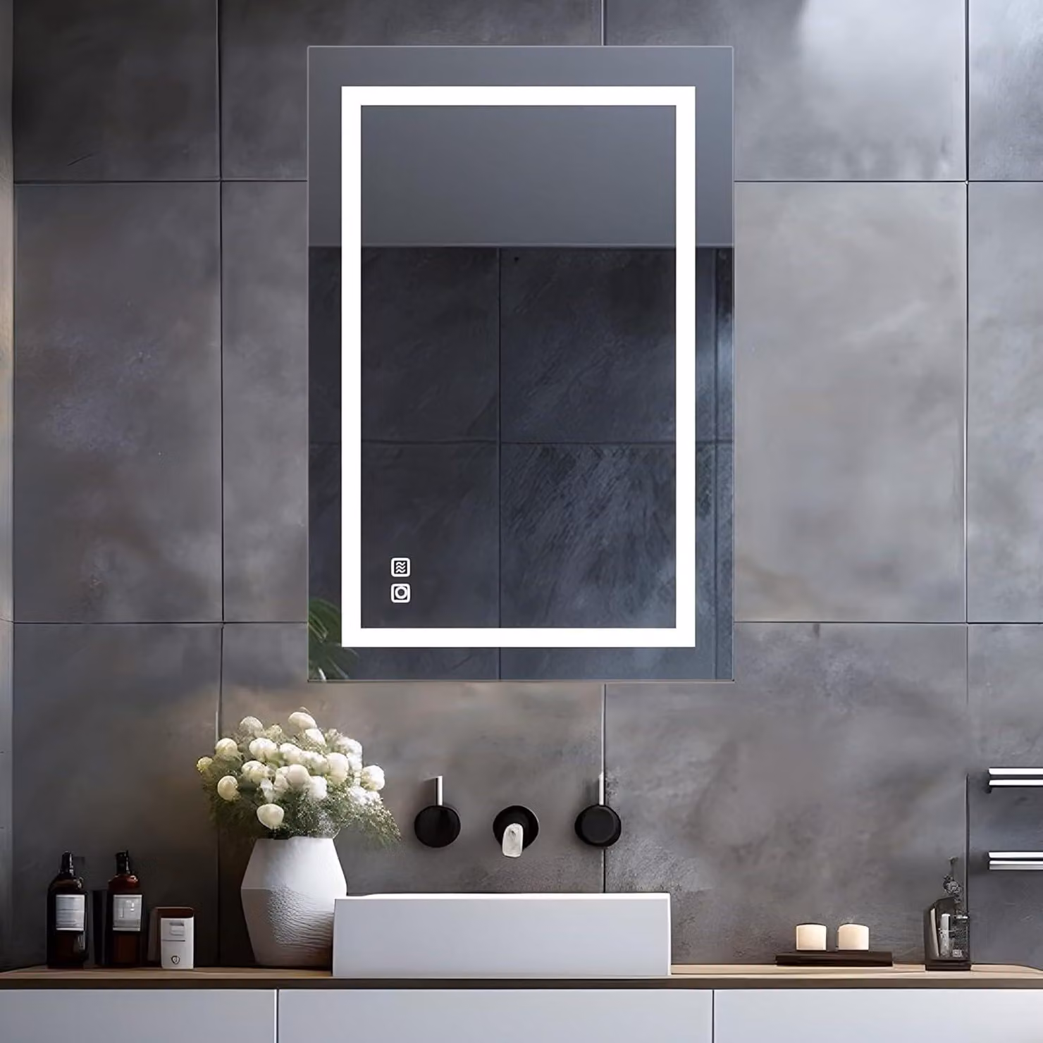 Specchio da bagno a LED, 70x50 cm, con dimmer touch, 3 tonalità di luce, funzione antiappannamento e presa di corrente