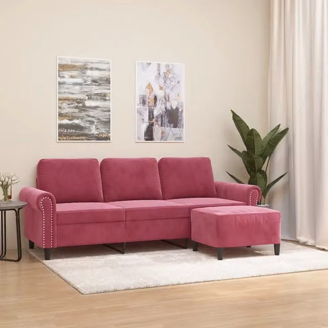 Divano a 3 posti con poggiapiedi vidaXL in velluto rosso per il tuo soggiorno L: 212 cm, P: 80 cm, H: 77 cm – 1