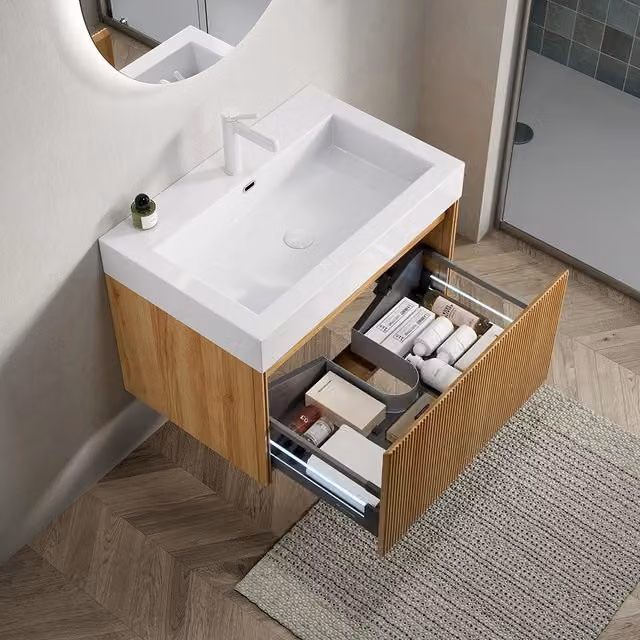 Mobile lavabo a muro - Xylo - 70 cm - Vasque rettangolare in resina bianca, colore legno naturale