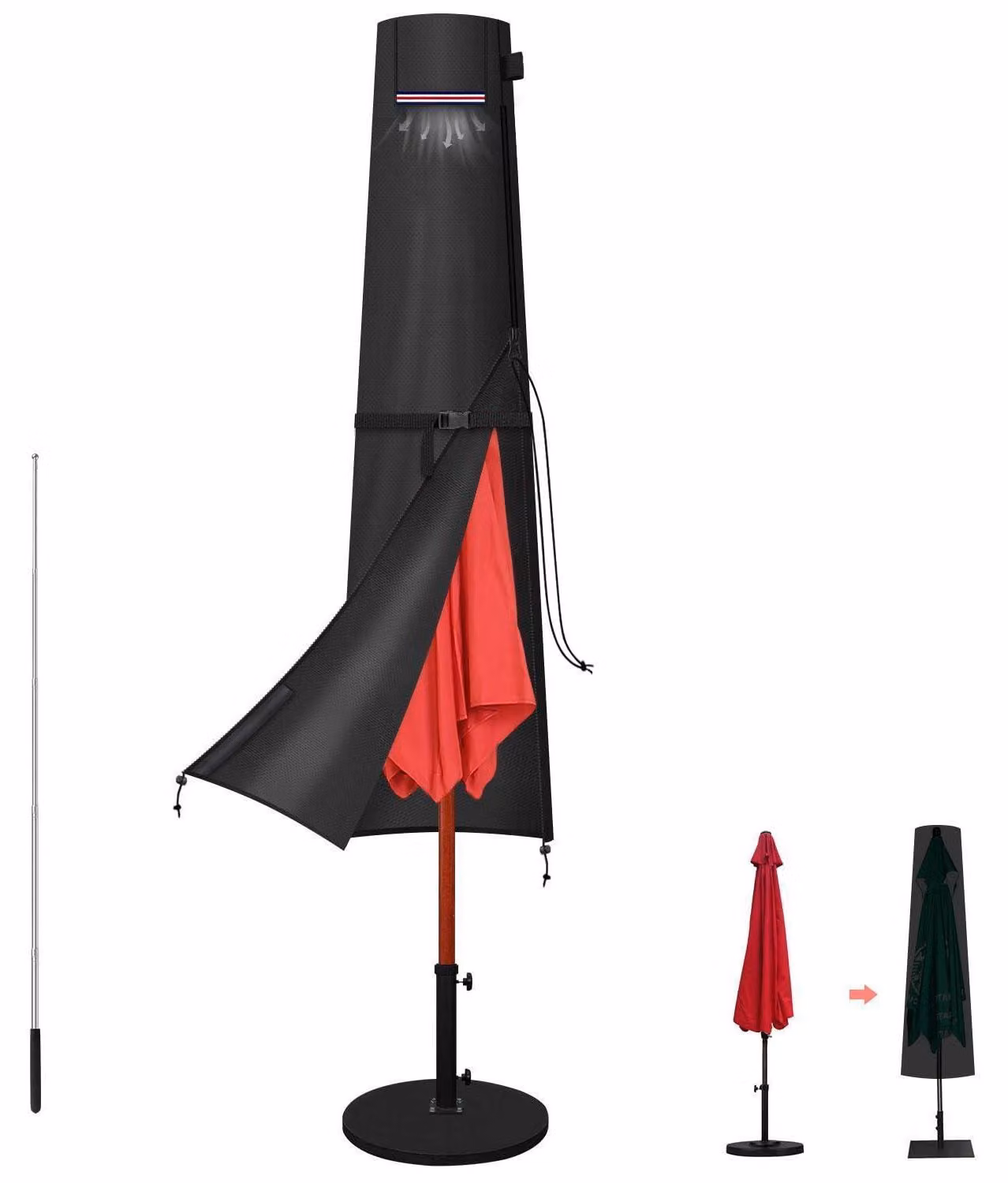 Copertura protettiva per ombrelloni, dimensioni 190x30/50 cm, tessuto Oxford 420D, impermeabile, con supporto e sistema di ventilazione, resistente al vento