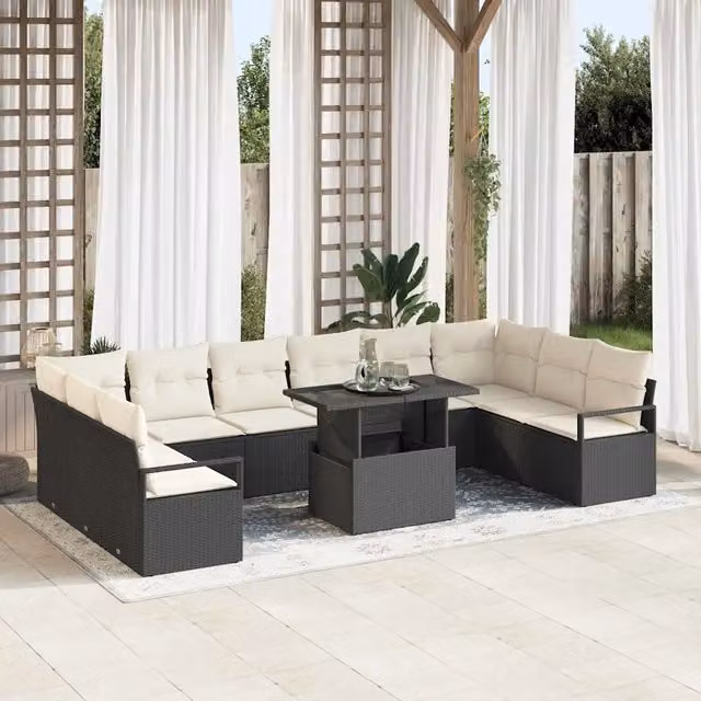 Set Divano da Giardino vidaXL a 10 Posti a Forma di U con Tavolino e Cuscini, Colore Nero e Beige