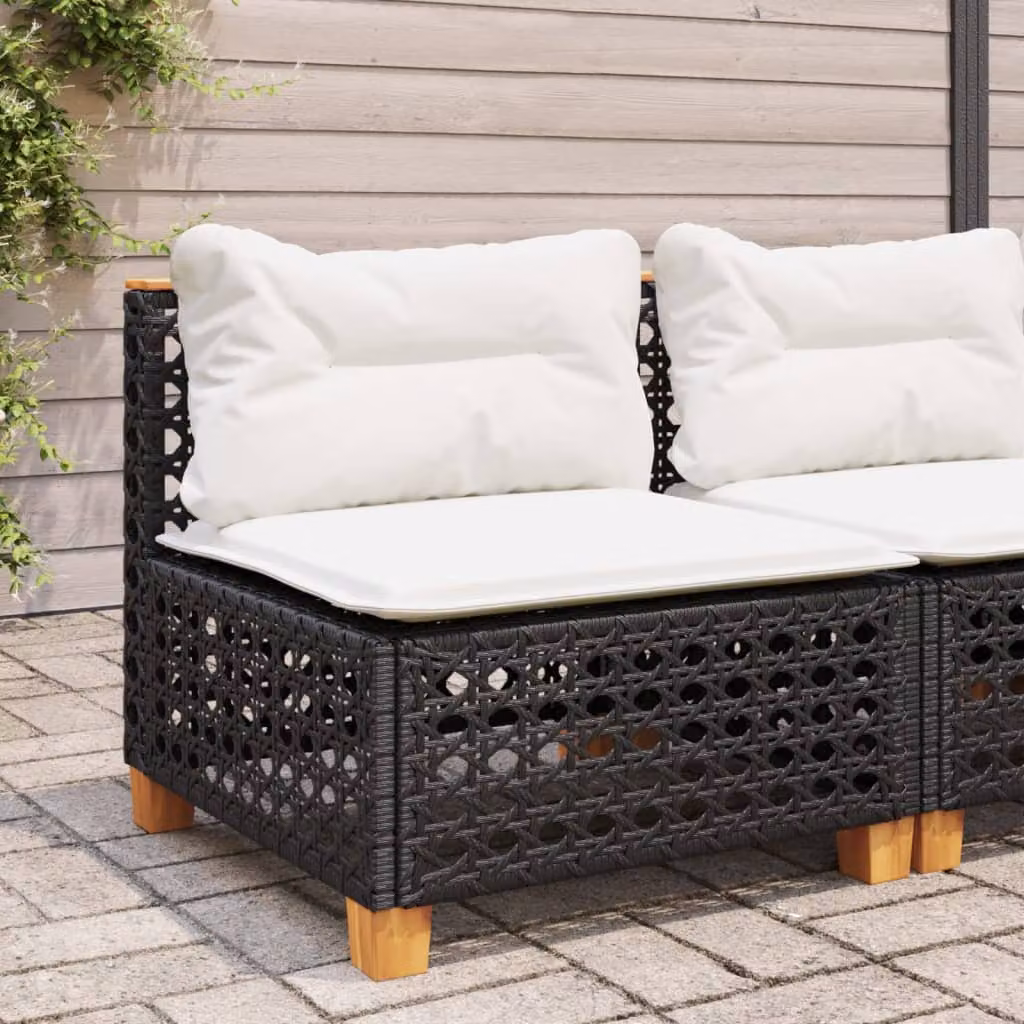Divano da giardino vidaXL in polyrattan nero con cuscini imbottiti e coperture rimovibili