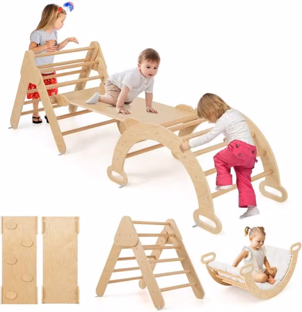 Set triangolo e arco da arrampicata 7 in 1 in legno naturale marrone per stimolare la creatività e la motricità, L/P/H: 75 x 55 x 64 cm