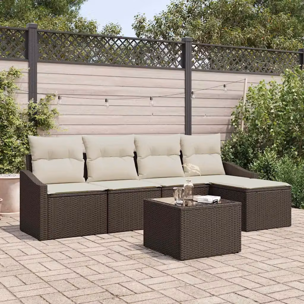Set di divani da giardino vidaXL in rattan marrone con cuscini e tavolino da esterno – 1