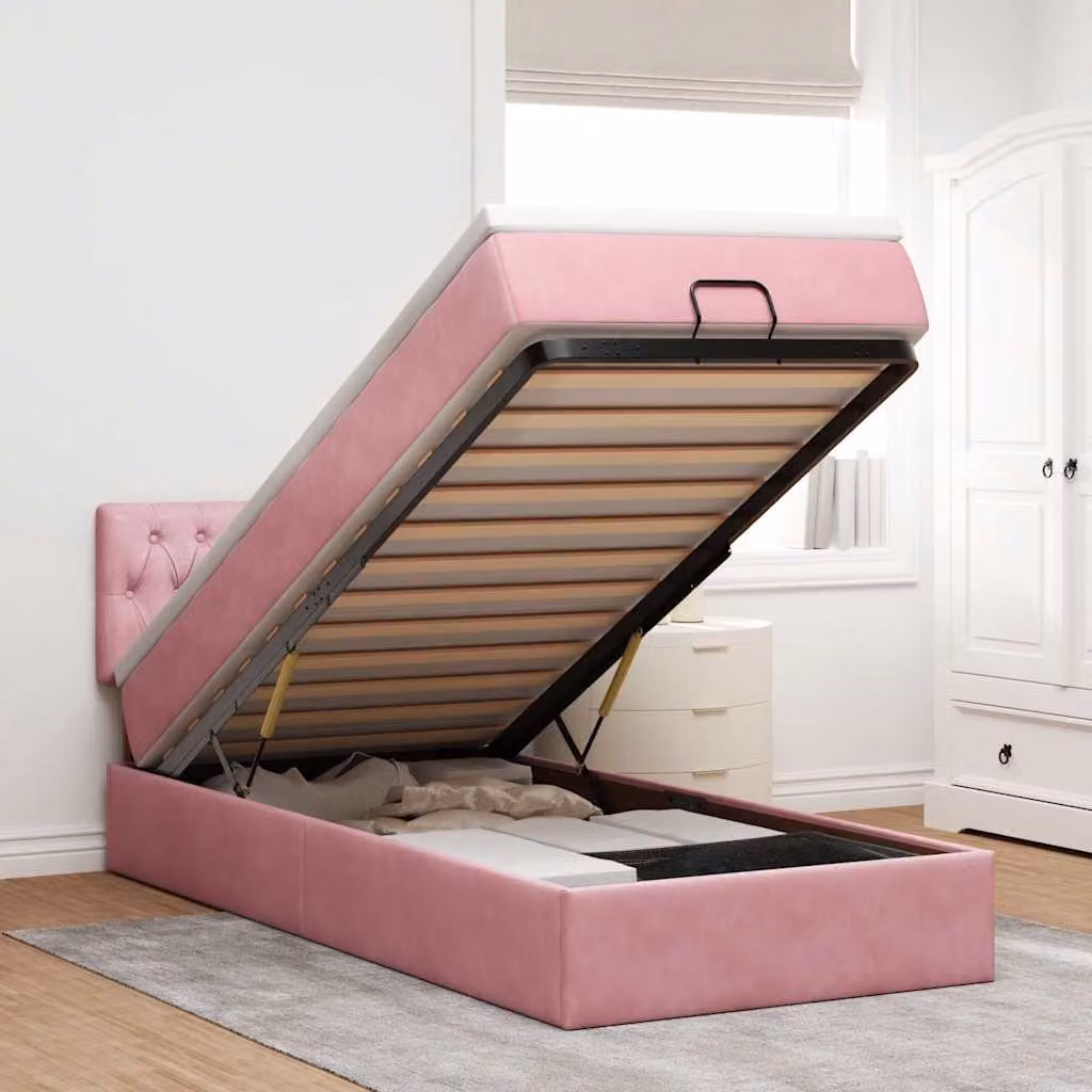 Letto con Pouf e Materasso vidaXL in Velluto Rosa e Bianco, con Base a Sollevamento, Illuminazione Sotto il Letto e Porte USB, L/P/H: 90 x 190 x 88 cm