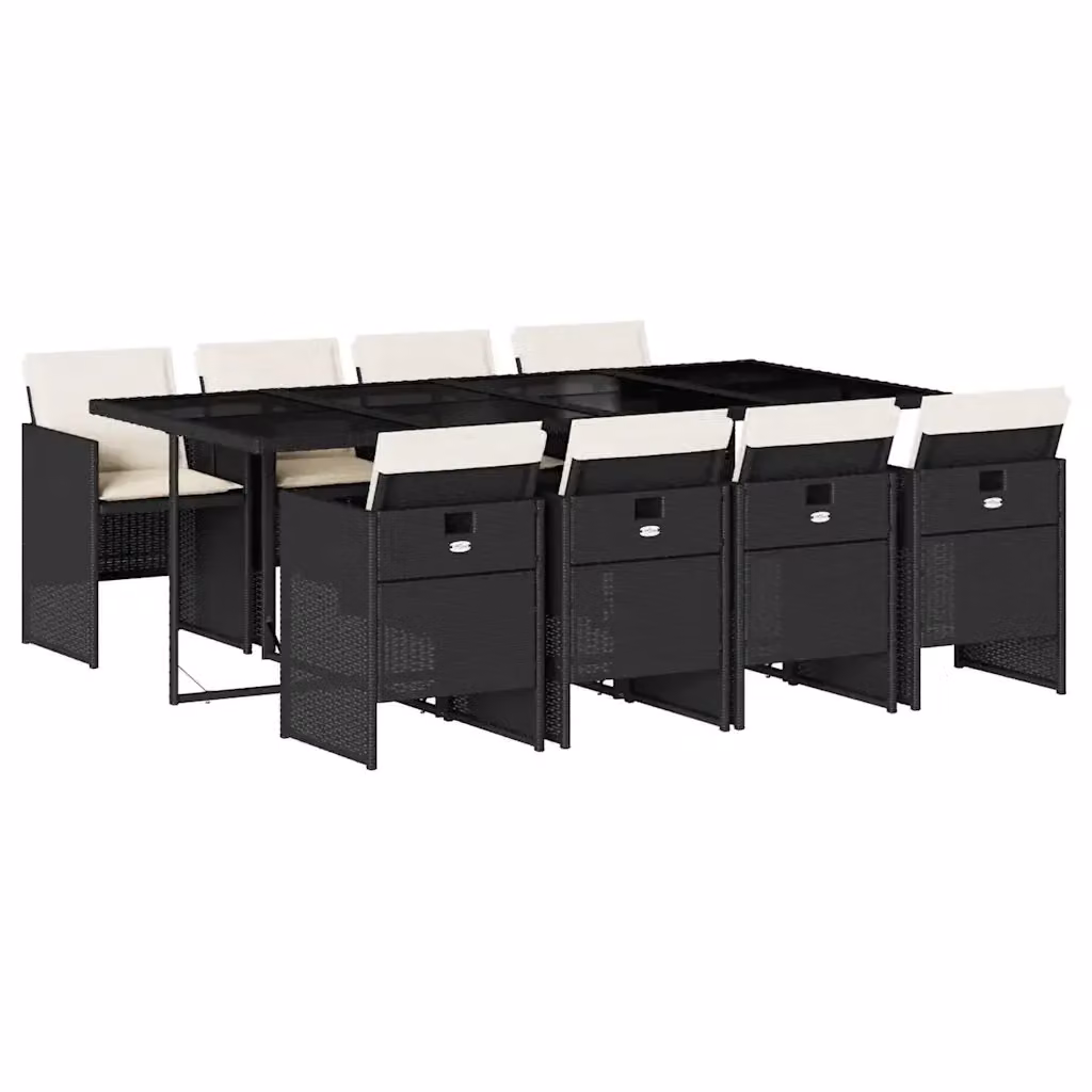 vidaXL Set da Pranzo da Giardino 9 pz in Polyrattan con Piano in Vetro e Cuscini Nero e Bianco – 2