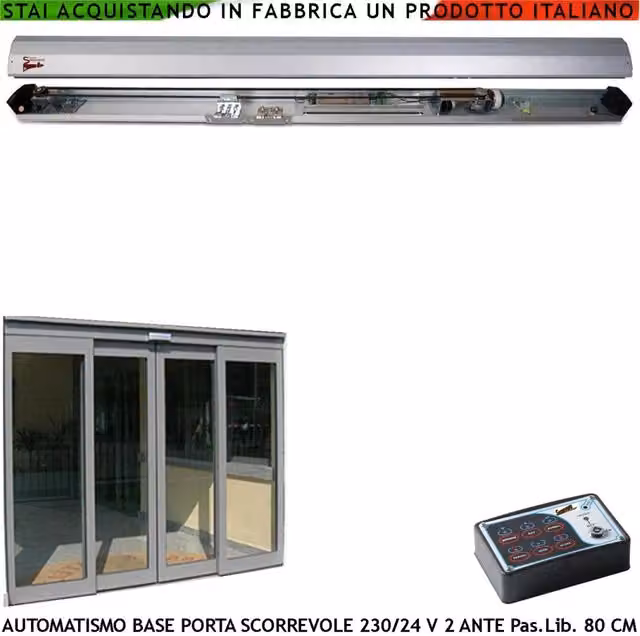 Kit Base Automatismo Securvera per Due Porte Esistenti con Passaggio Libero di 800 mm, Trasmissione a Cinghia e Ruote con Cuscinetti Autolubrificanti, Colore Argento Anodizzato