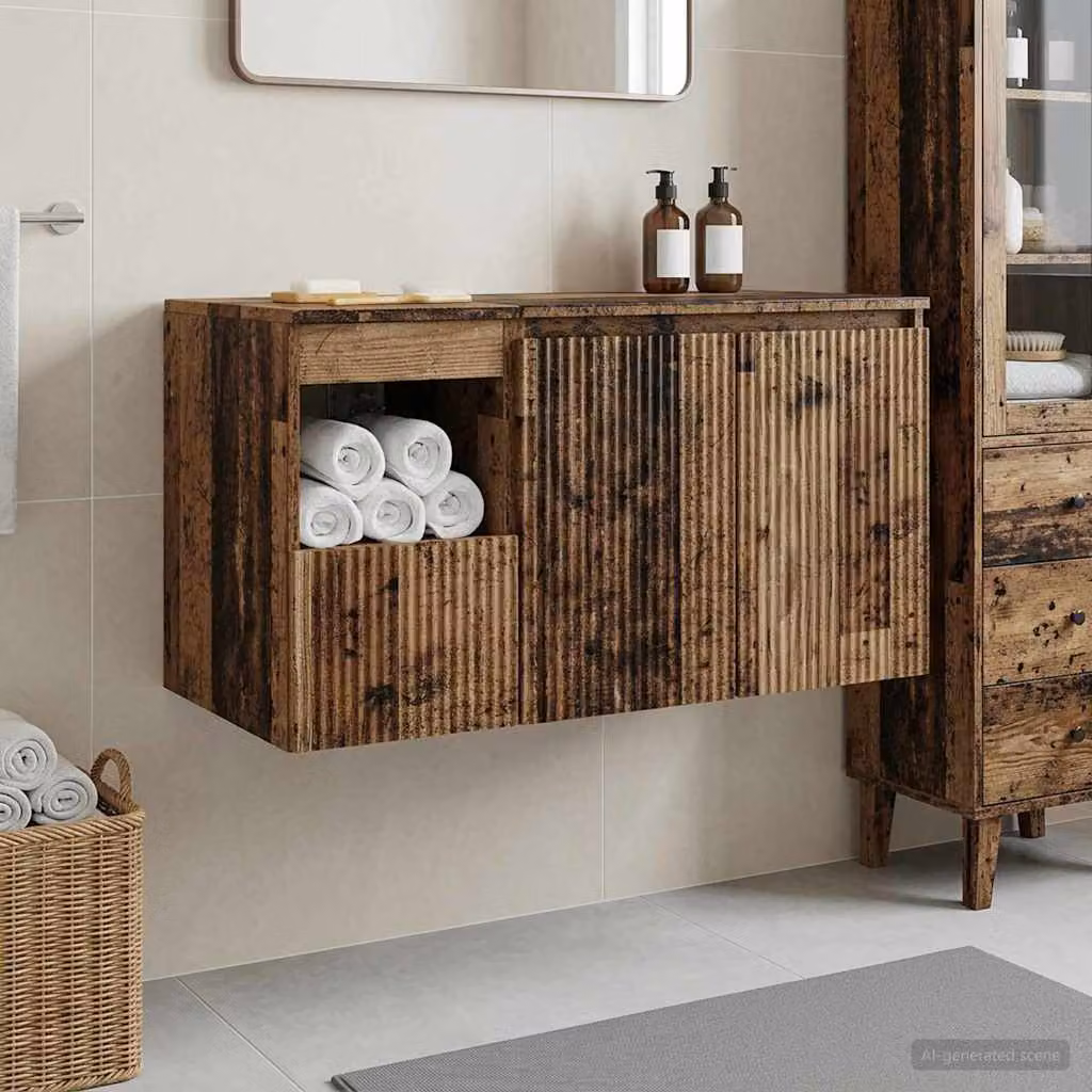 Set di mobili per il bagno vidaXL in legno marrone composto da mobile lavabo e pensile a parete con ante a cerniera e cassetti interni L/P/H: 62,5 x 44,5 x 50,0 cm e 76,7 x 26,9 x 44,5 cm