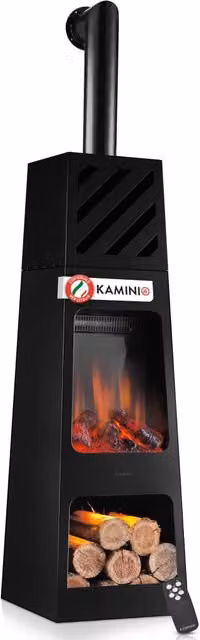 KAMINIO Caminetto elettrico da giardino con tubo KAI XL - Stufa de terrazzo elettrico con riscaldamento, effetto fiamma 3D, luce ambiente a LED, scomparto de legno, telecomando - X-Large, Nero