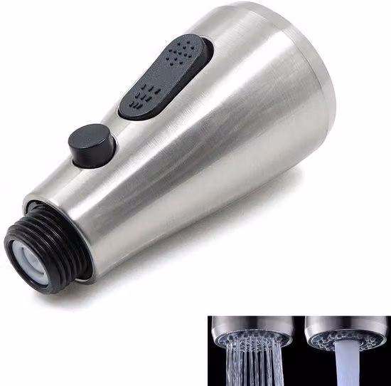 Rubinetto da cucina in plastica con bocca estraibile, superficie spazzolata, 2 vie, getto a spruzzo e funzione di flusso