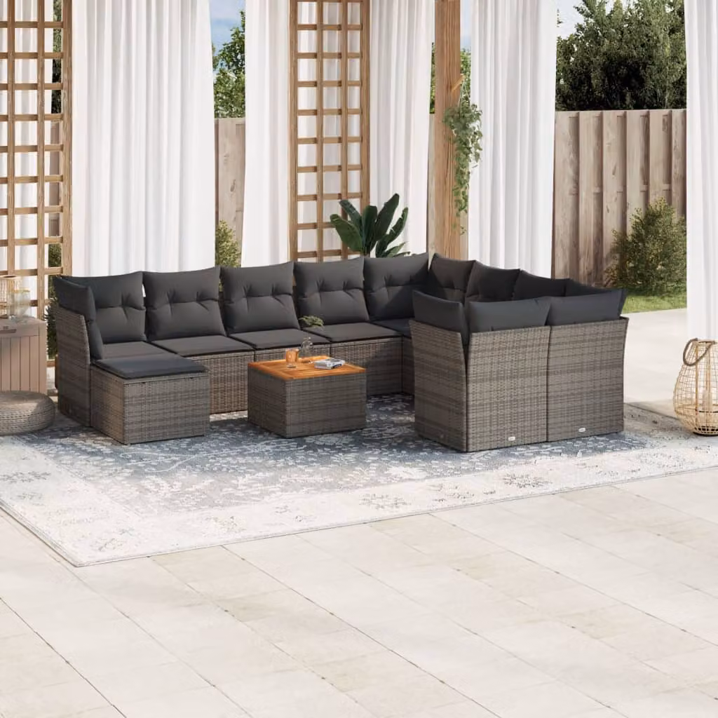 vidaXL Set Divani da Giardino a L 11 pz in Polyrattan Grigio con Cuscini e Tavolino da Esterno