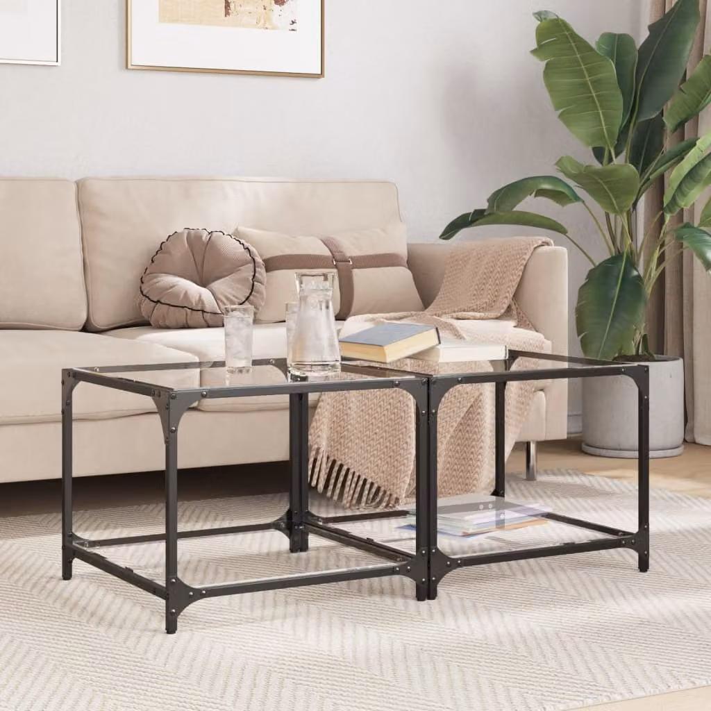 Maison Exclusive - Tavolini da caffè con piano in vetro, 2 pezzi, trasparenti, 50x50x40 cm, acciaio